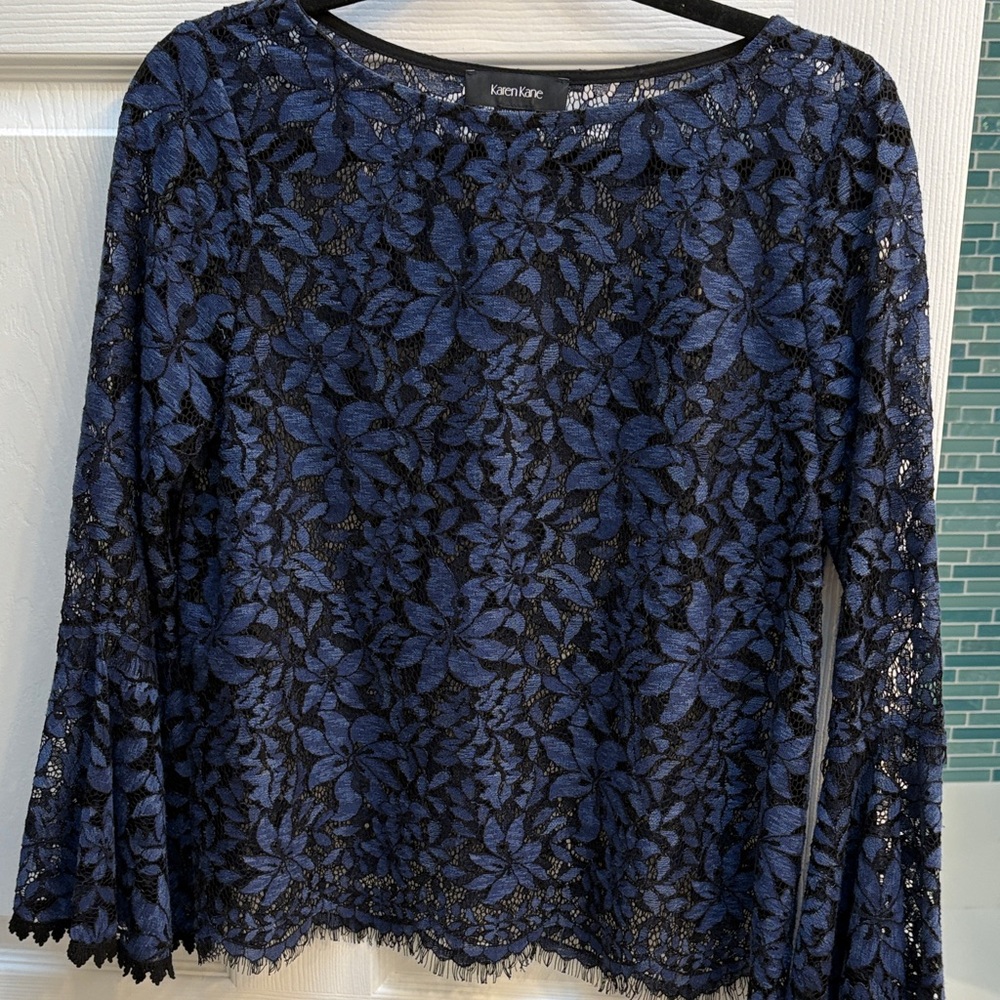 Karen Kane Black and Blue Floral Lace Blouse